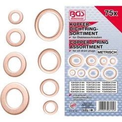 BGS TECHNIC ASSORTIMENT DE JOINTS | EN CUIVRE | MÉTRIQUES | POUR BOUCHONS DE VIDANGE | 75 PIÈCES BGS 8132